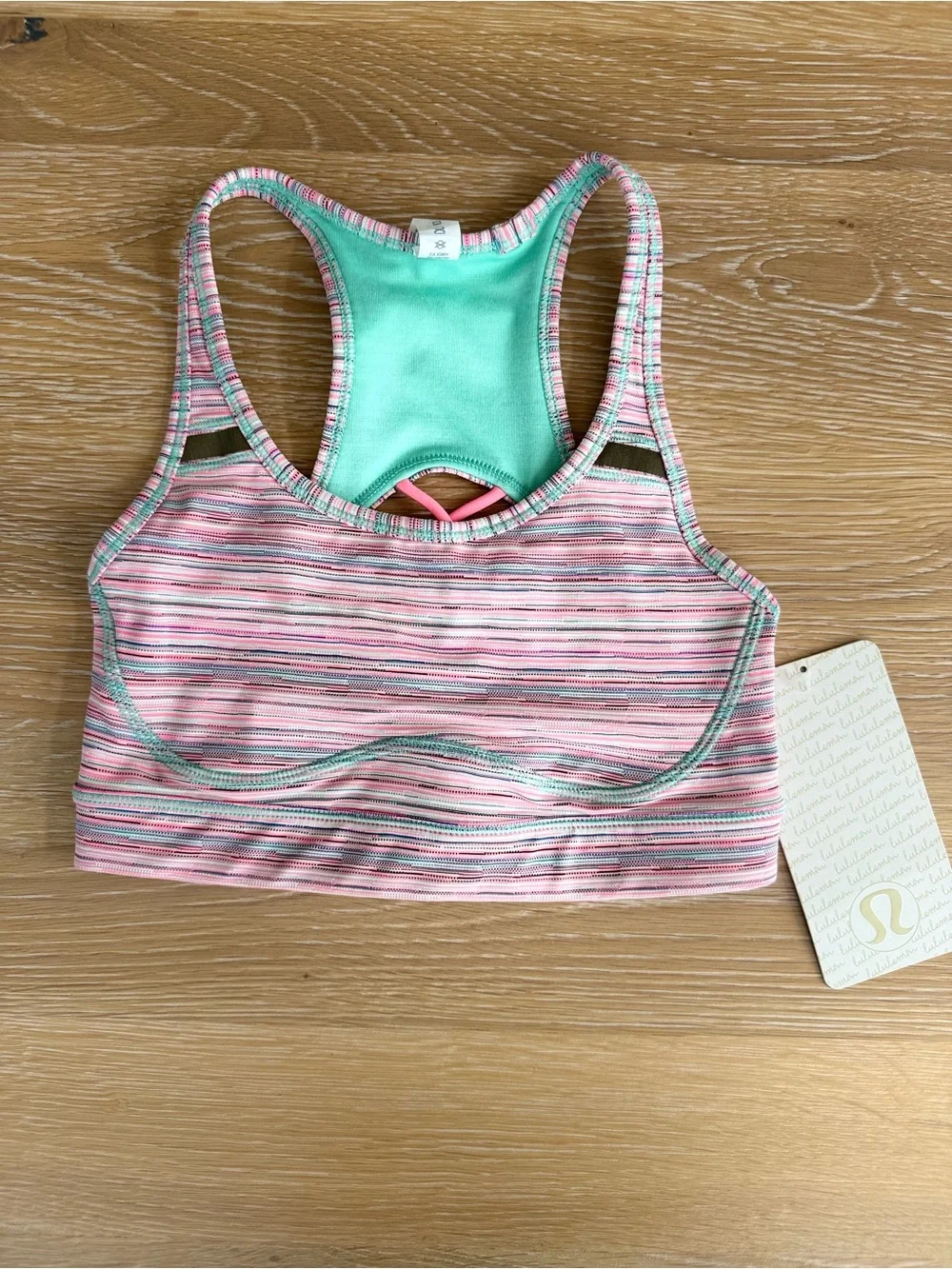 Lululemon Sweaty or Not Bra II Pink Striped Crisscross Back Sports Bra